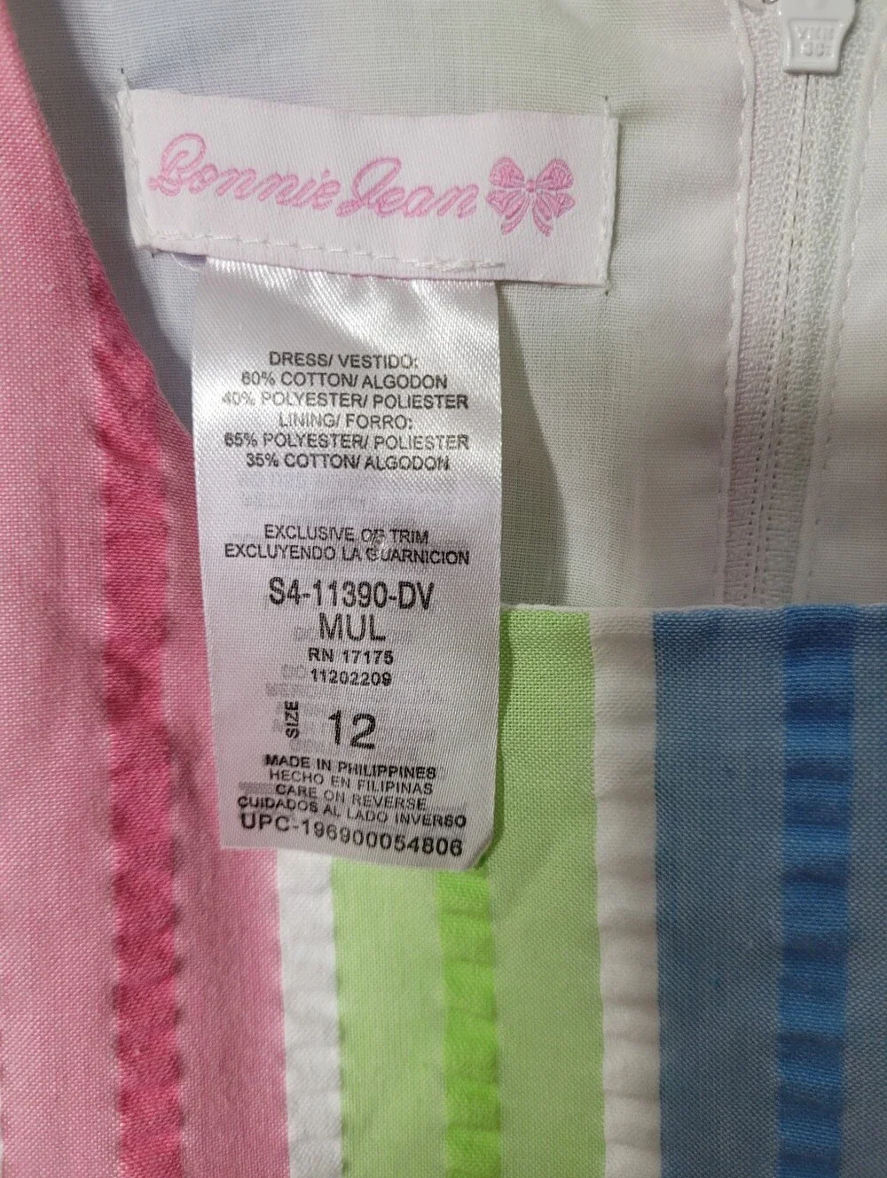 Bonnie Jean Girls Size 12 Sleeveless Striped Dress With Bow At Waist (0963)